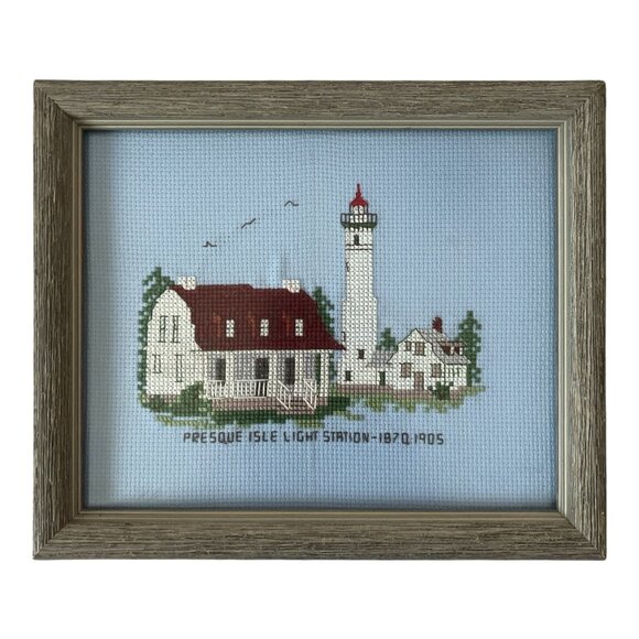 Framed Cross-Stitch Art – Presque Isle Light Station (1870–1905) – Custom Framed - Picture 1 of 3